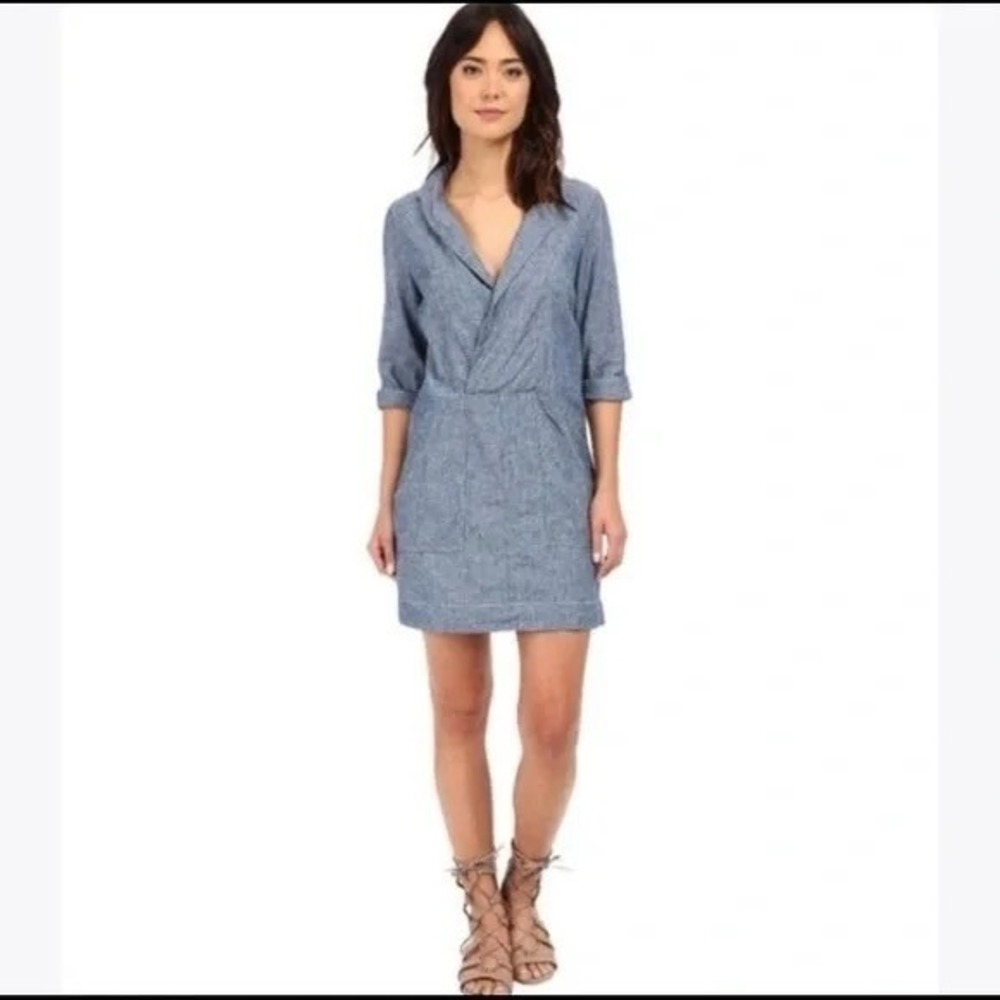 Free People Chambray Wrap Shirt Dress Blue Boho‎ Cottagecore Mini